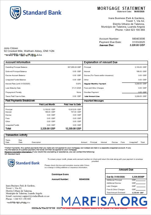 Blank United Kingdom Standard bank mortgage statement in Word and PDF formats example